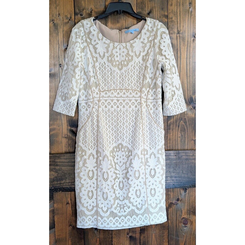 Antonio Melani Sheath Dress Women's Off White Cream Lace Nude Lining 3/4 Sleeve